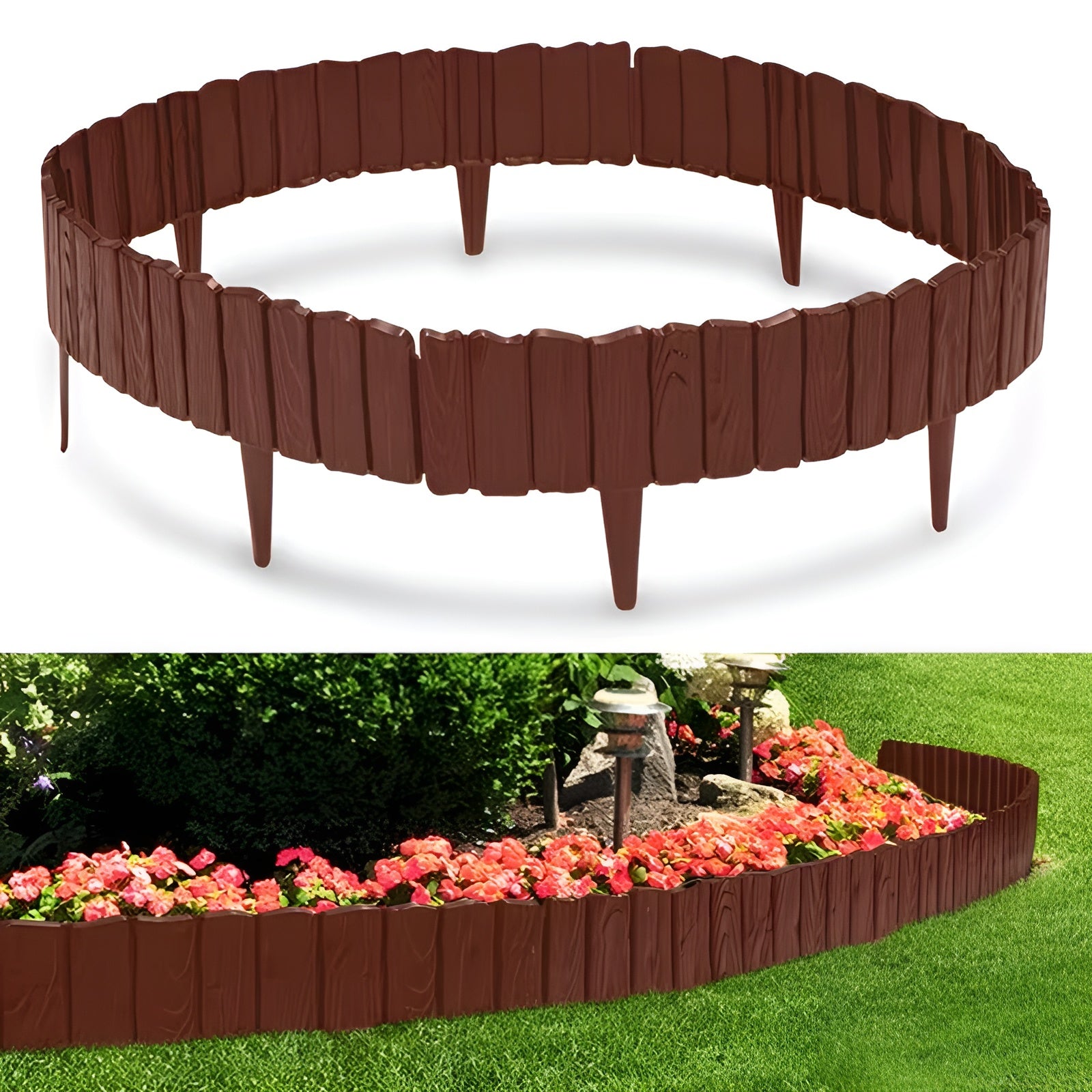 Fleksibel Bedkant i Trelook – Dekorativ Avgrensning for Plen og Blomsterbed | Enkel DIY-Montering - 2.3m 4 Stk / Brun