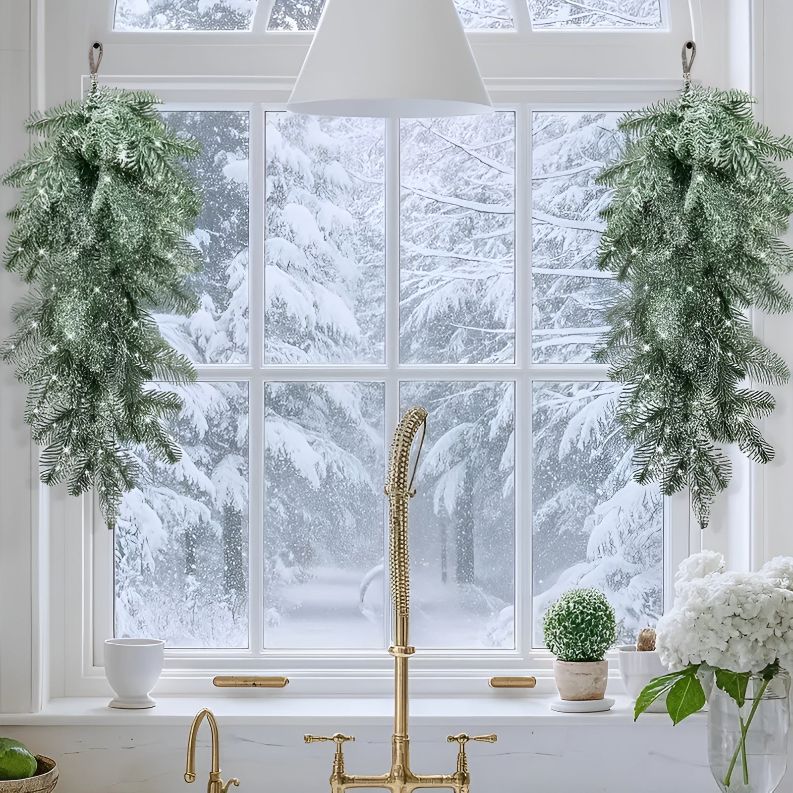 Kunstig Julegirlander – Med Snøperler og Frostet Effekt | Dekorativ Hengedekor til Dør, Peis og Rekkverk