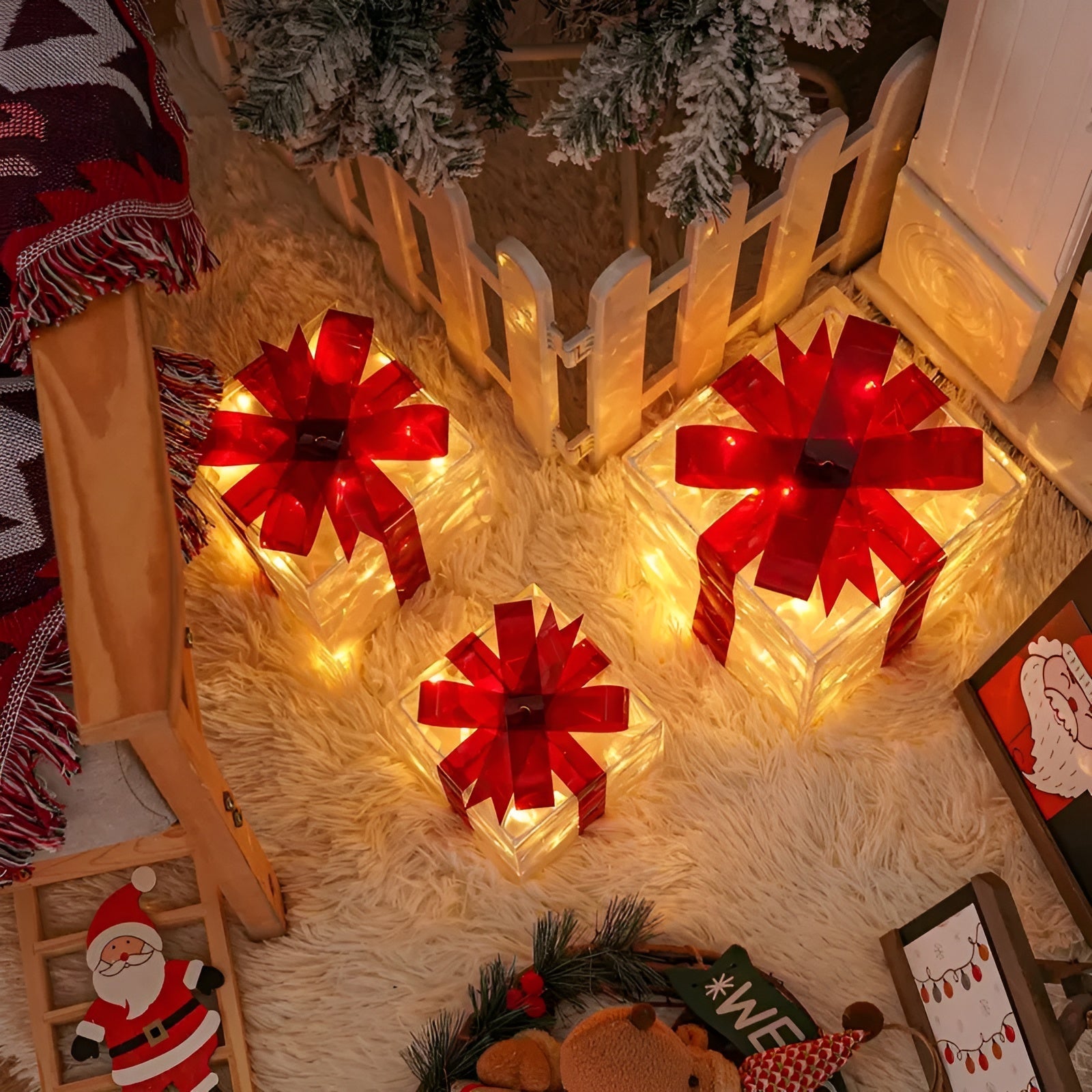 Leuchtende Geschenkboxen im 3er-Set – Transparente Weihnachtsdekoration mit Roten Schleifen | Für Innen & Außen