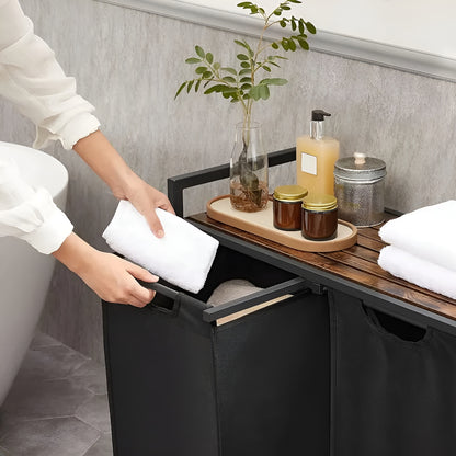 Kleskurv Med Rom – Uttrekkbar Kleskurv Med Oppbevaringsrom | Svart Metall Og Trelook I Brunt