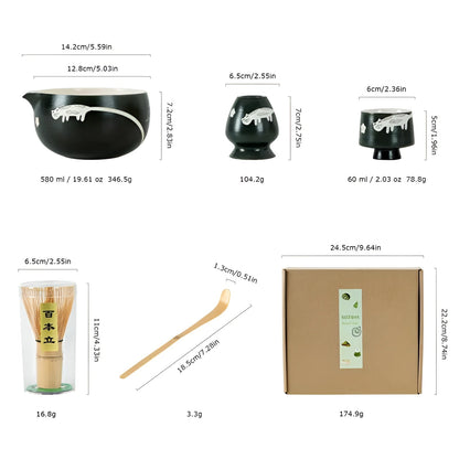 Matcha-sett med Søtt Kattedesign- Inkluderer Skål, Bambusvisp og Måleskje