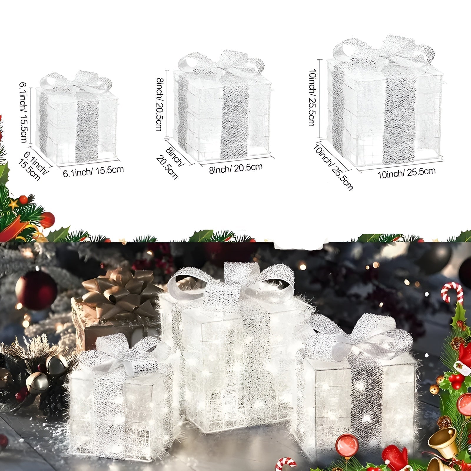 Lysende Julegavebokser – Dekorativt sett med 3 bokser | Med Varme og Fargerike lys for Koselig Julestemning Hjemme