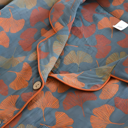 Loungewearsett i Bomull – Ginkgo-bladtrykk, Knappelukking og Komfortabel Passform