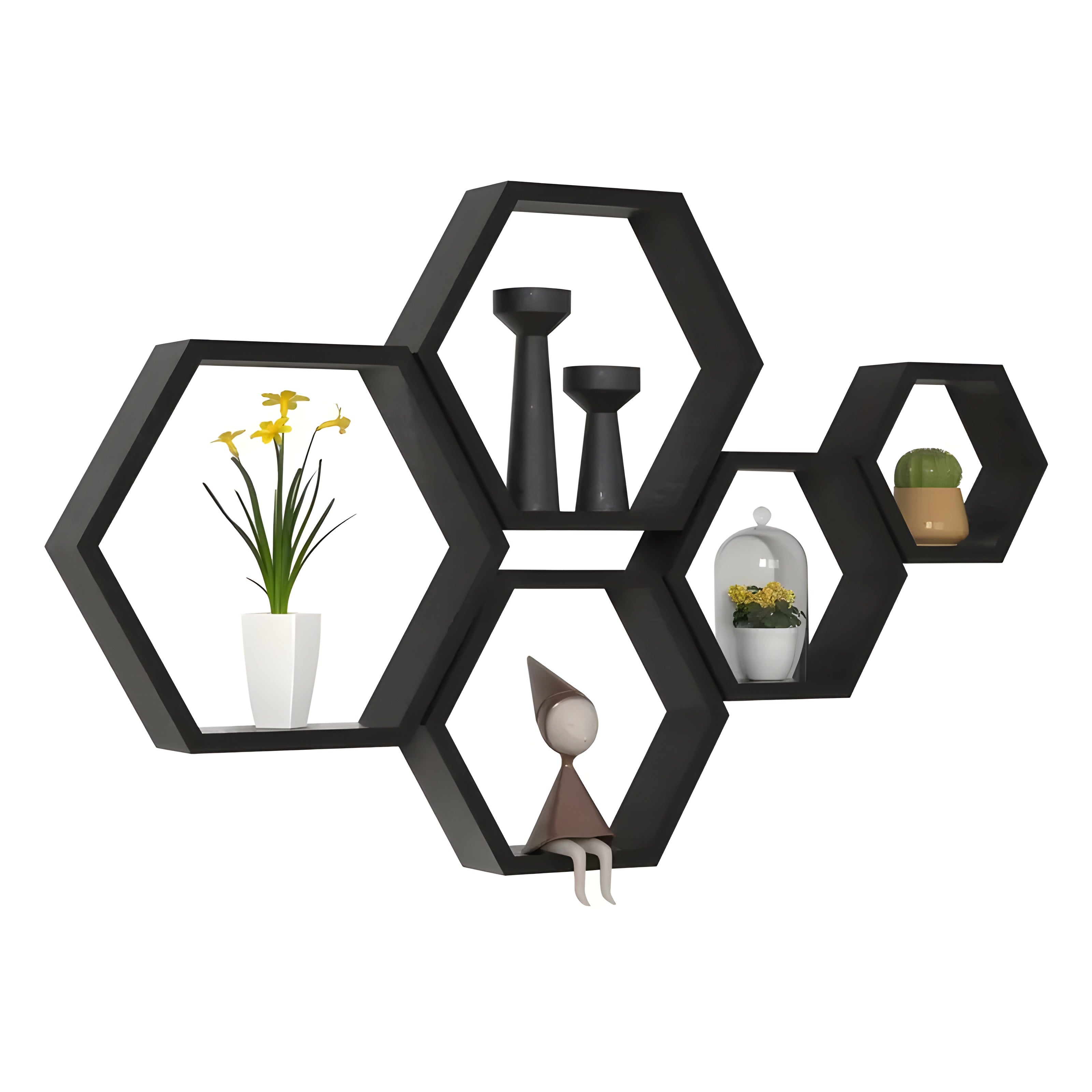 Vegghyller i Tre – Dekorativt 5-Pack i Sekskantet Design | Perfekt for Oppholdsrom