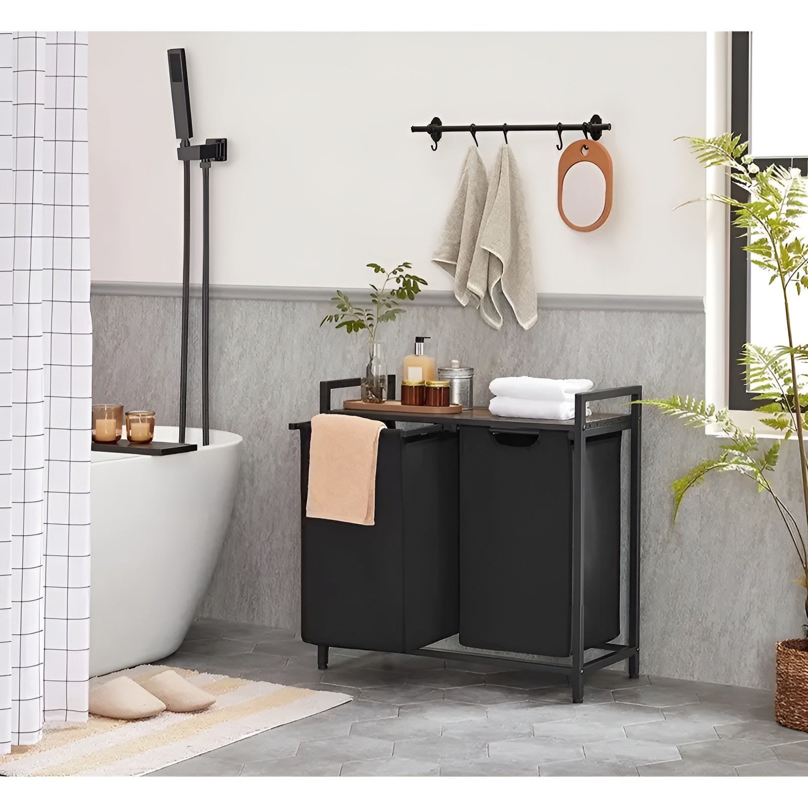 Kleskurv Med Rom – Uttrekkbar Kleskurv Med Oppbevaringsrom | Svart Metall Og Trelook I Brunt