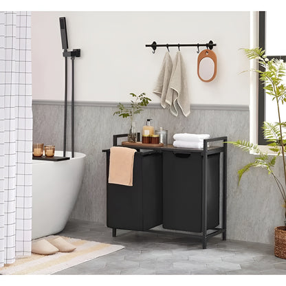 Kleskurv Med Rom – Uttrekkbar Kleskurv Med Oppbevaringsrom | Svart Metall Og Trelook I Brunt