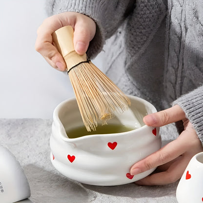 Matcha-sett Med Hjertedesign - 1/3/4/5-delt Tut Og Bambusvisp | Ideell For Hjemmebruk
