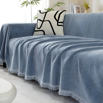 Chenille-Decke Fischgrätenmuster und Quasten – Gemütlicher Stil für das Sofa - 180*130cm / Blau - Decke