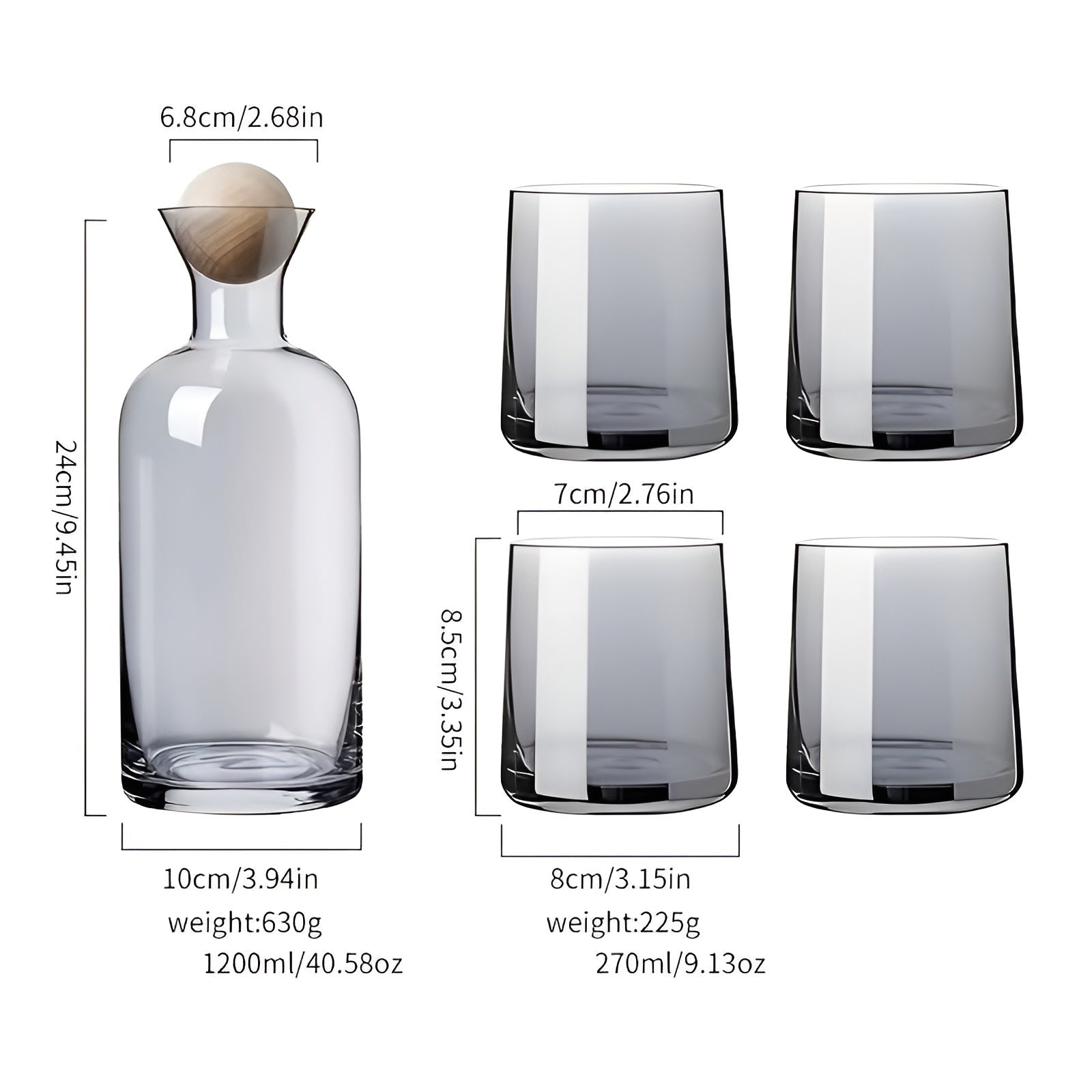 Glasskaraffelsett med 4 Glass – Stilrent og Dekorativt | 1,2L med Trelokk Perfekt for Vann og Juice - Karafler