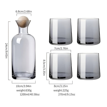 Glasskaraffelsett med 4 Glass – Stilrent og Dekorativt | 1,2L med Trelokk Perfekt for Vann og Juice - Karafler