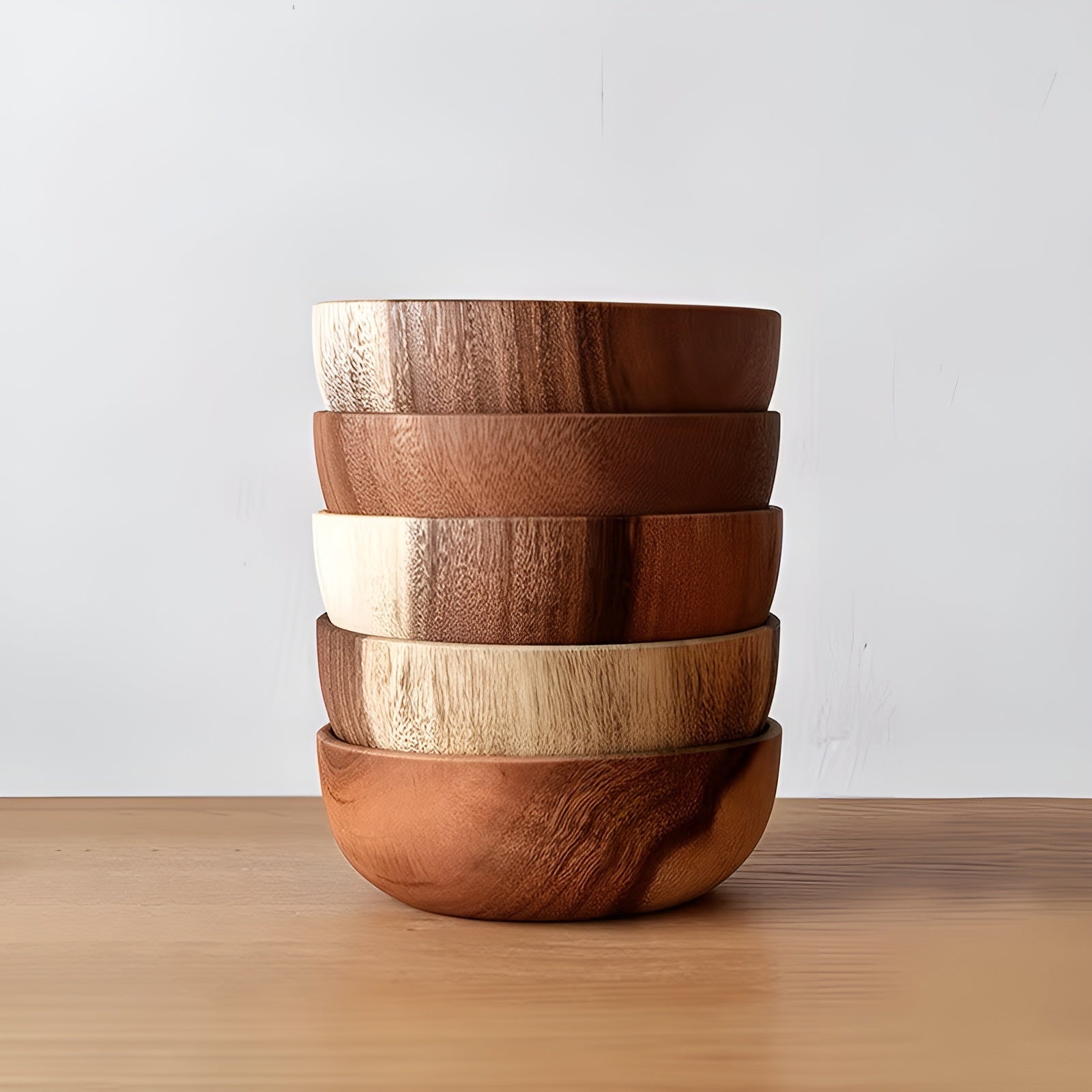 Serveringsskåler i Tre – Håndlagde og Gjenbrukbare | Sett med 4, Perfekt til Salat, Suppe og Ramen
