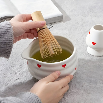 Matcha-sett Med Hjertedesign - 1/3/4/5-delt Tut Og Bambusvisp | Ideell For Hjemmebruk