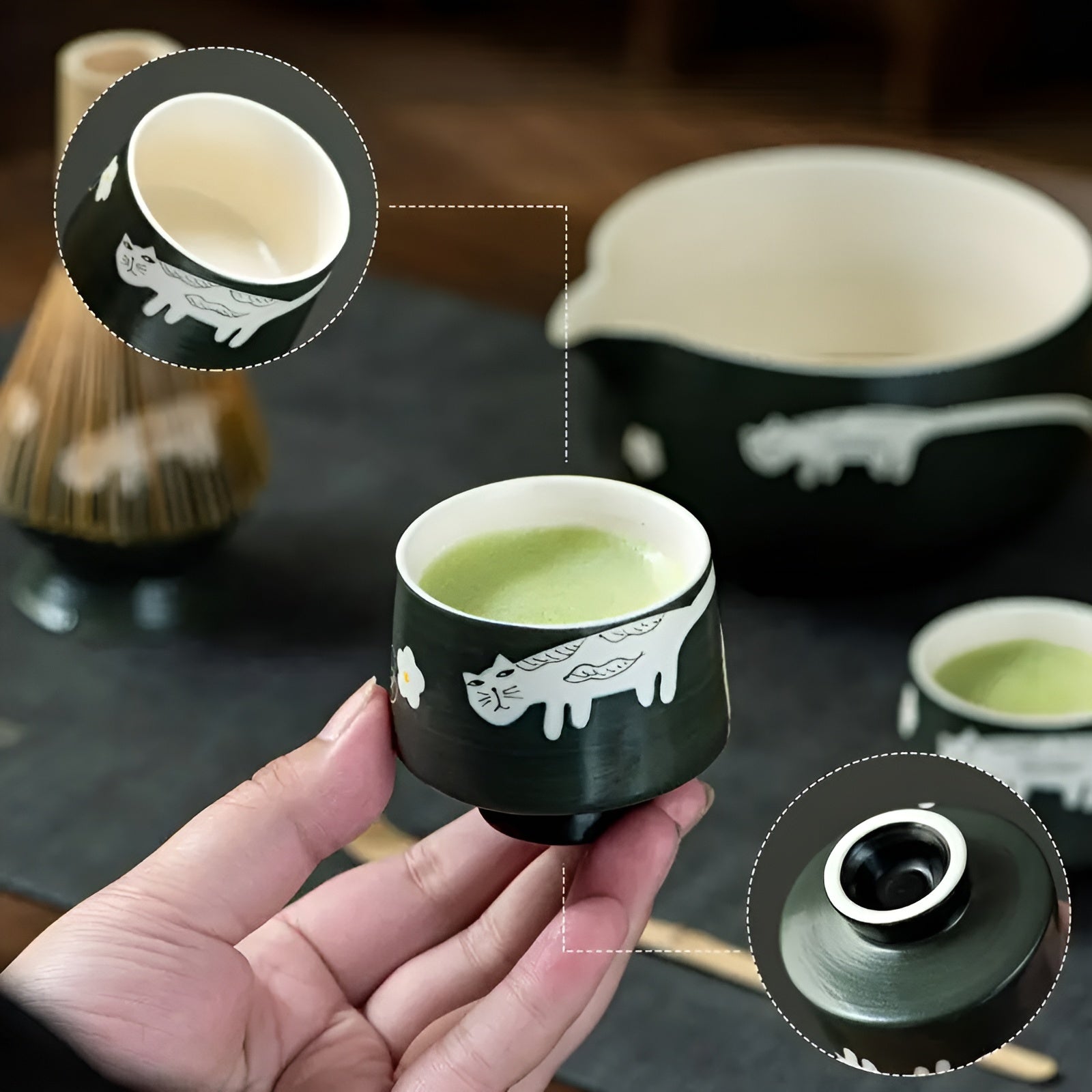 Matcha-sett med Søtt Kattedesign- Inkluderer Skål, Bambusvisp og Måleskje