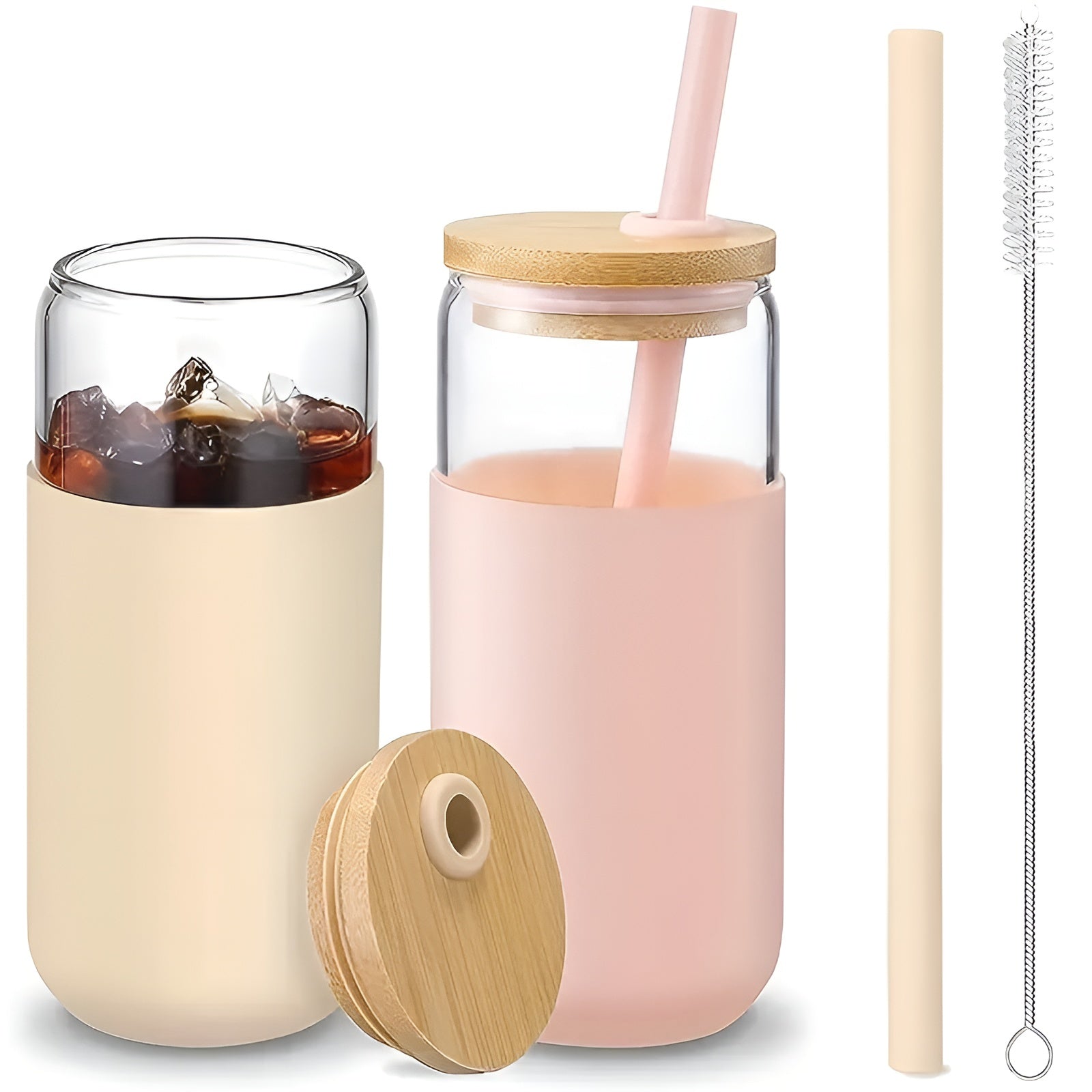 Drikkeglass Med Sugerør – 2-delers Sett Med Trelokk Og Silikonholder | Perfekt Til Kaffe, Juice Og Smoothies