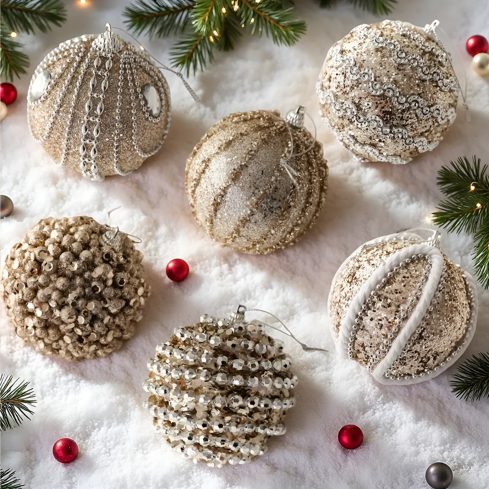 Sett med 6 Glassjulekuler – Elegant Julepynt i Champagne | Perfekt for Juletreet