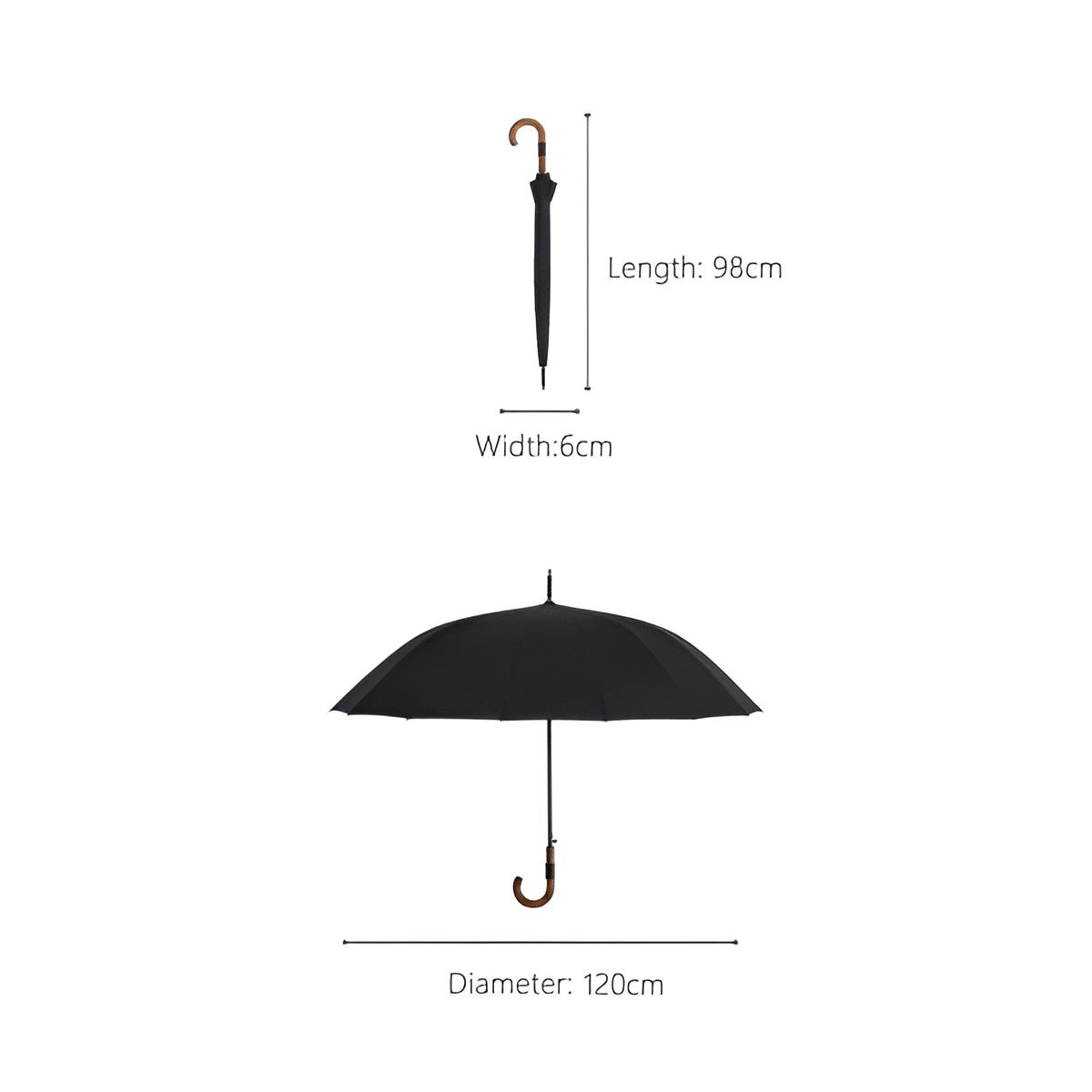Stor Regnparaply – 120 cm Skjerm, Trehåndtak | Klassisk Design