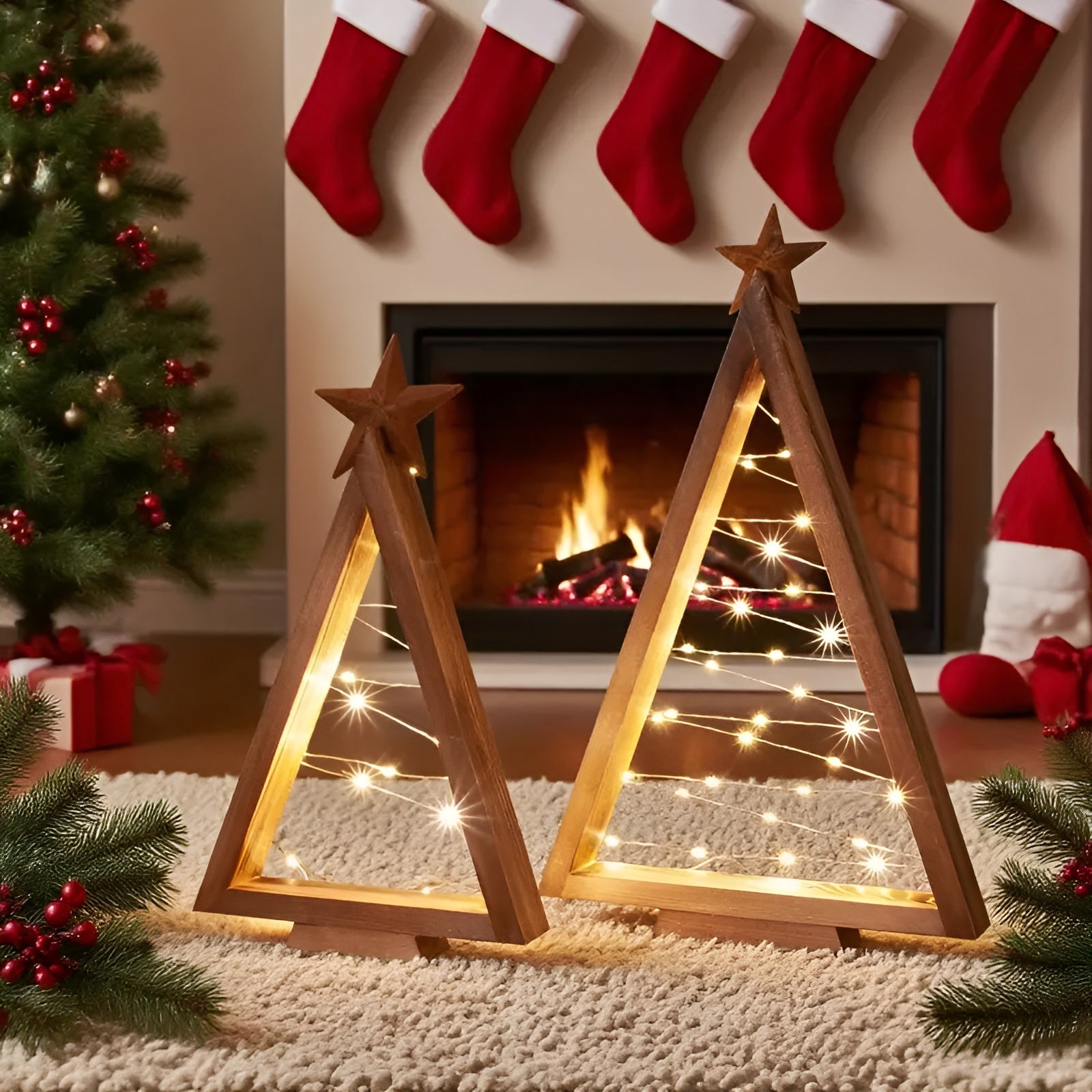 Juletre i Tre – Varmt Hvitbelyst | Perfekt for Bord, Peis og Festlig Dekor