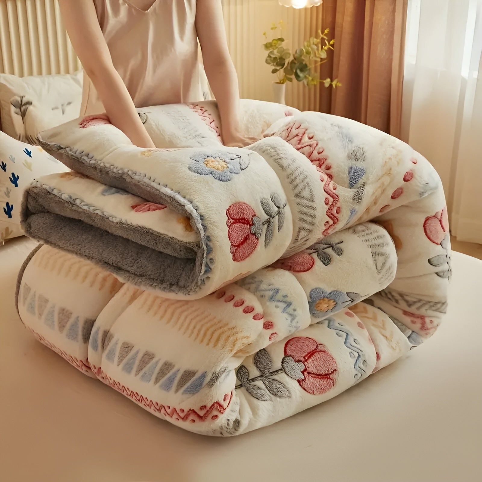 Boho Pledd i Fleece – Tykt, Mykt og Koselig | Fargerikt Blomster- og Geometrisk Mønster