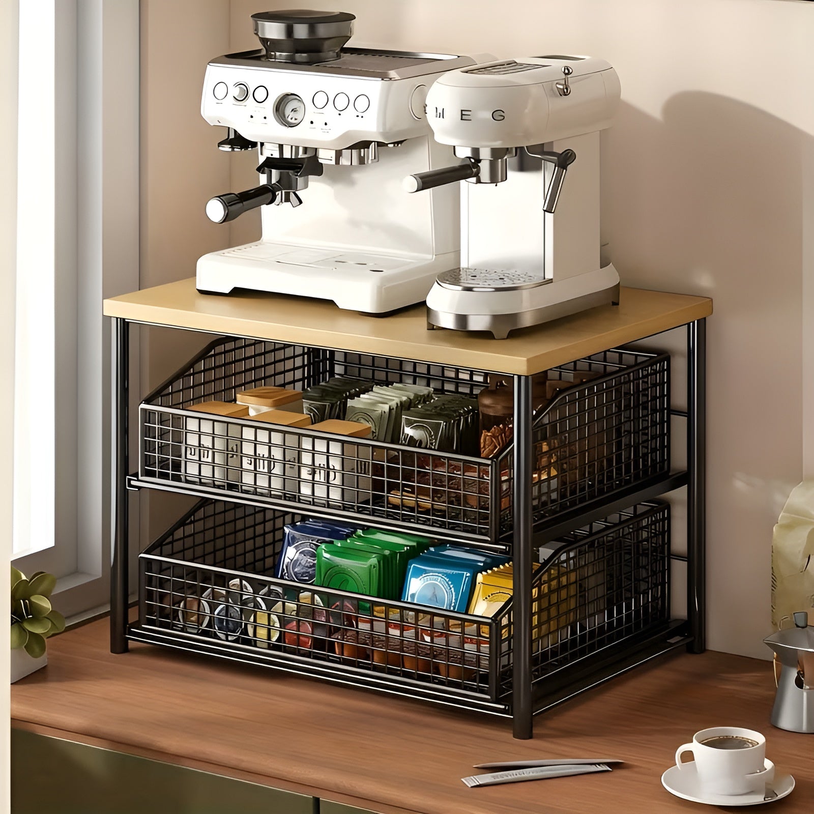 Benkeorganisator til Kjøkken – Praktisk Oppbevaring med Skuff og Metallkurv | Perfekt for Orden og Plassbesparelse