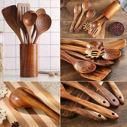 7 Deler Kjøkkenredskaper i Tre – Varmebestandige og Skånsomme mot Non-stick Panner