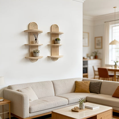 Boho Vegghylle i Massivt Tre – Plassbesparende og Dekorativ | Perfekt for Stue Soverom og Gang