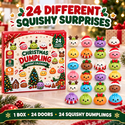 Julekalender med 24 myke dumpling squishy-figurer i juletema
