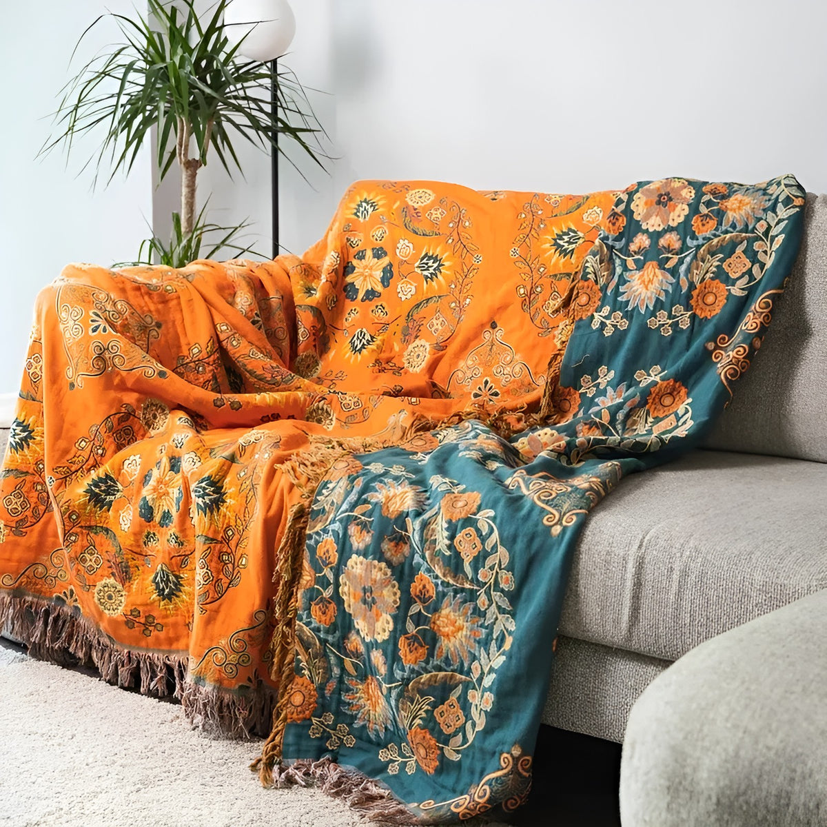 Sansoti Marigold Pledd – Vendbart, Vintage Blomstermønster | Mykt og Stilfullt