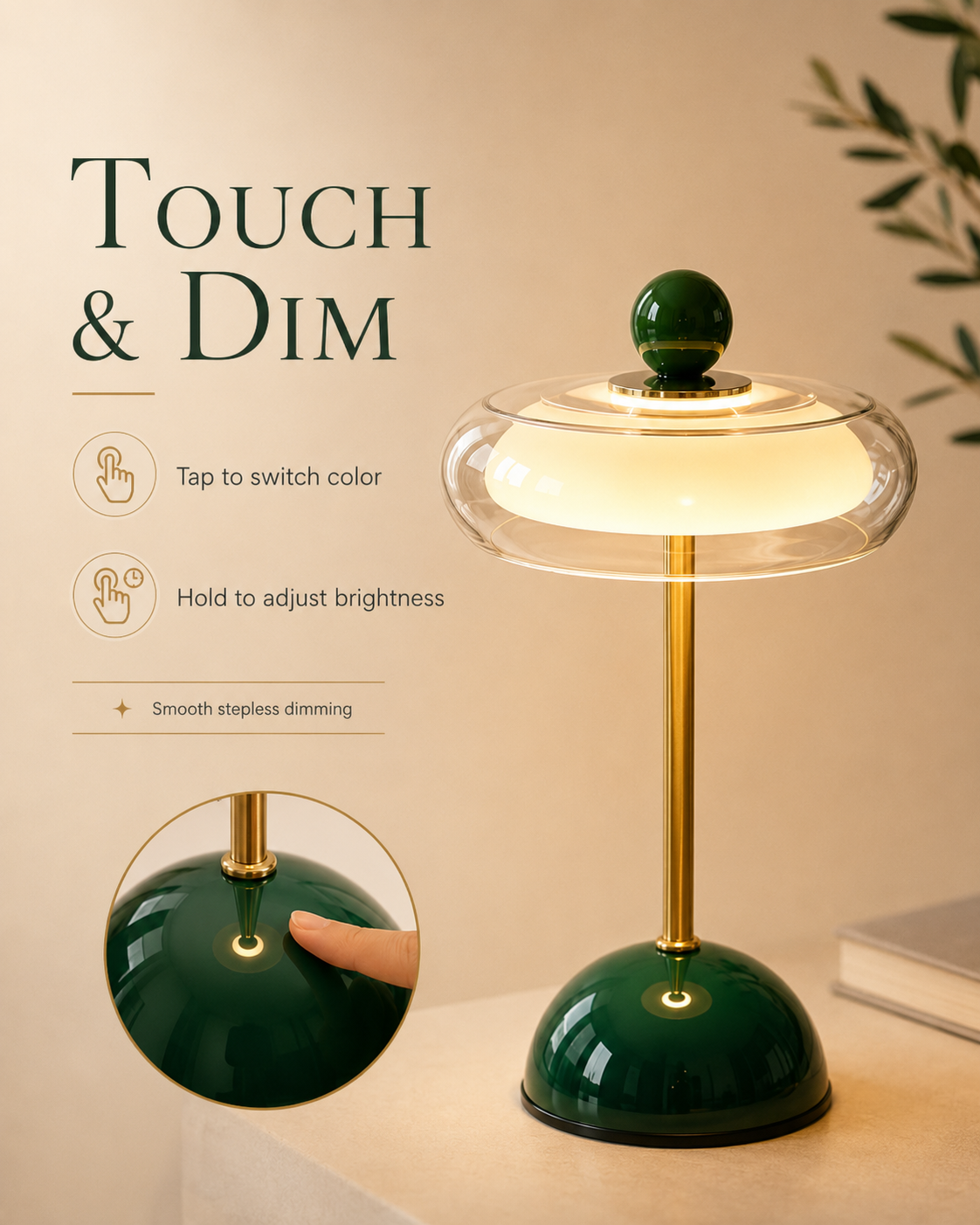 Oransje retro glassbordlampe med gullfarget stang og fot