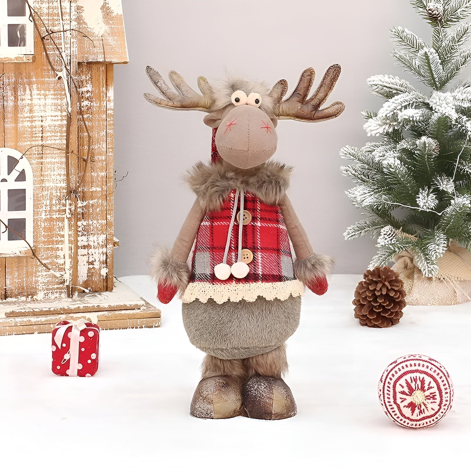 Juleelg Dekorfigur – Søt og Koselig Stoffreinsdyr | Justerbar til å Sitte eller Stå