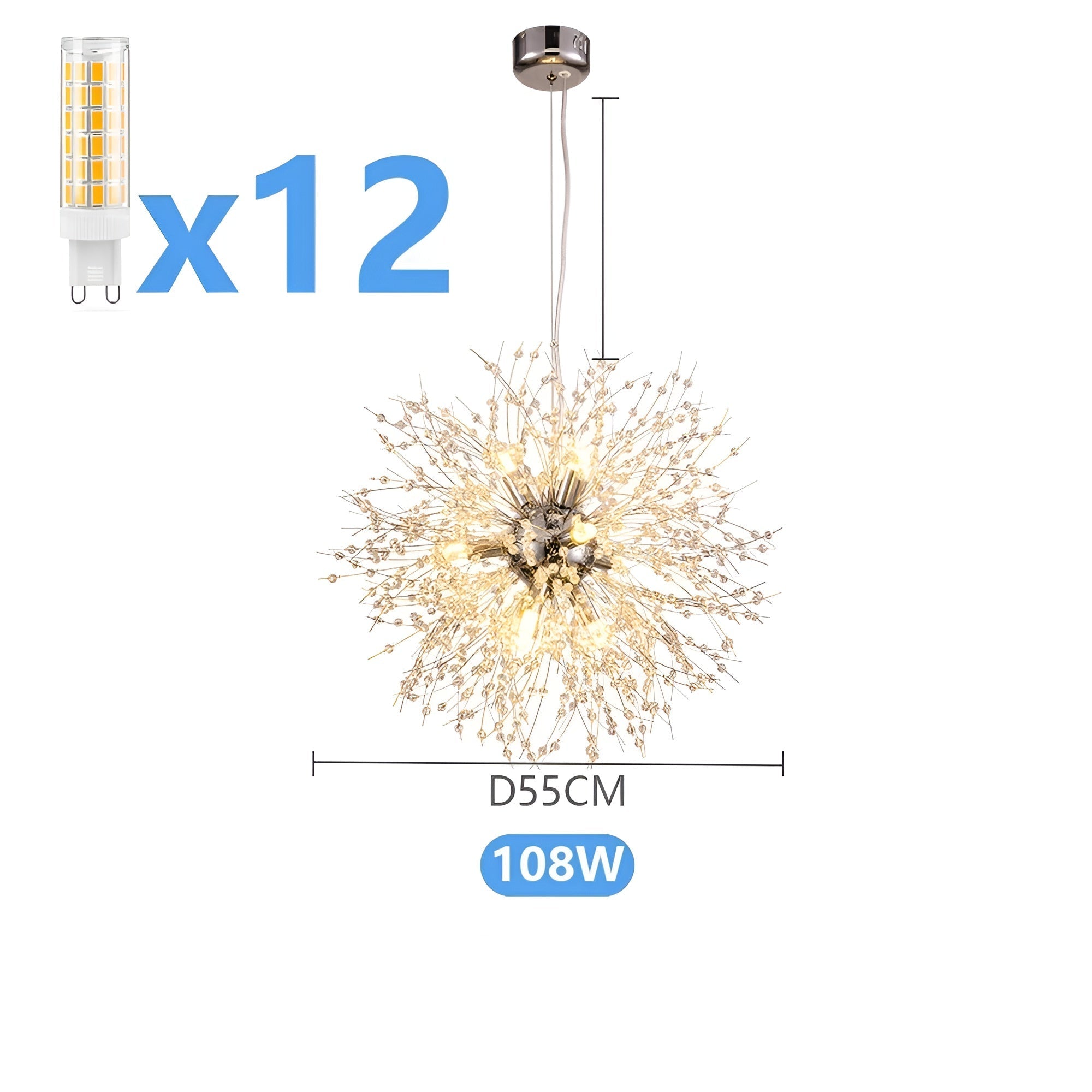 LED Lysekrone med Krystallkuler – Funklende og Dekorativ | Perfekt for Stue og Spisestue - Sølv 12 Hoder / 220V