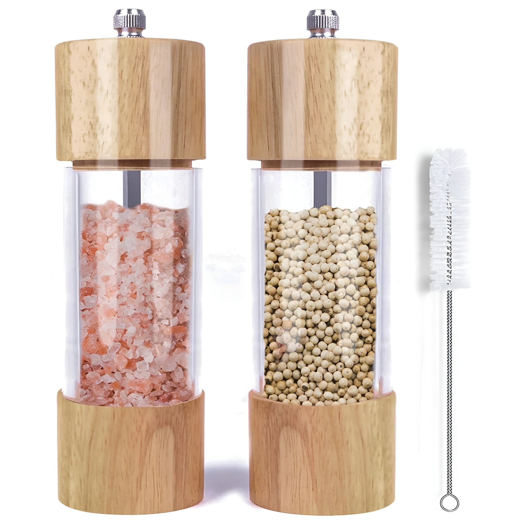 Krydderkvern i Tre – Justerbar for Salt og Pepper | 2-pakning med Akrylvindu og Børste