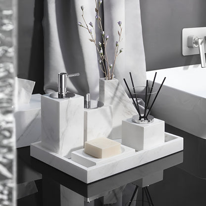 Badezimmer-Set aus Weißem Marmor – Seifenspender, Seifenschale, Toilettenbürste & Tablett | Elegante Bad-Accessoires