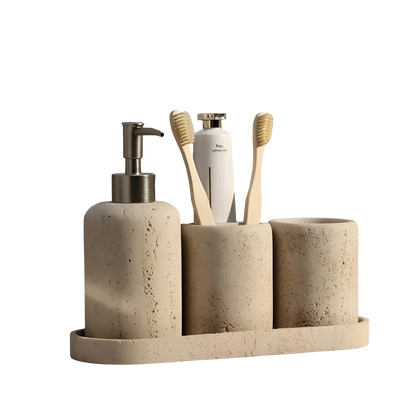 Tannbørsteholder i Naturstein – Med Såpedispenser og Praktisk Hylle | Elegante Baderomsdetaljer i Marmor