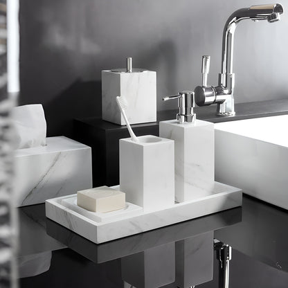 Badezimmer-Set aus Weißem Marmor – Seifenspender, Seifenschale, Toilettenbürste & Tablett | Elegante Bad-Accessoires