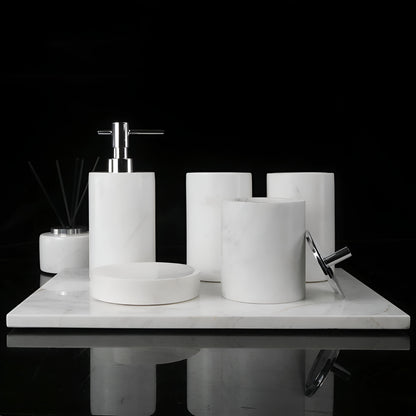 Badezimmer-Set aus Weißem Marmor – Seifenspender, Seifenschale, Toilettenbürste & Tablett | Elegante Bad-Accessoires