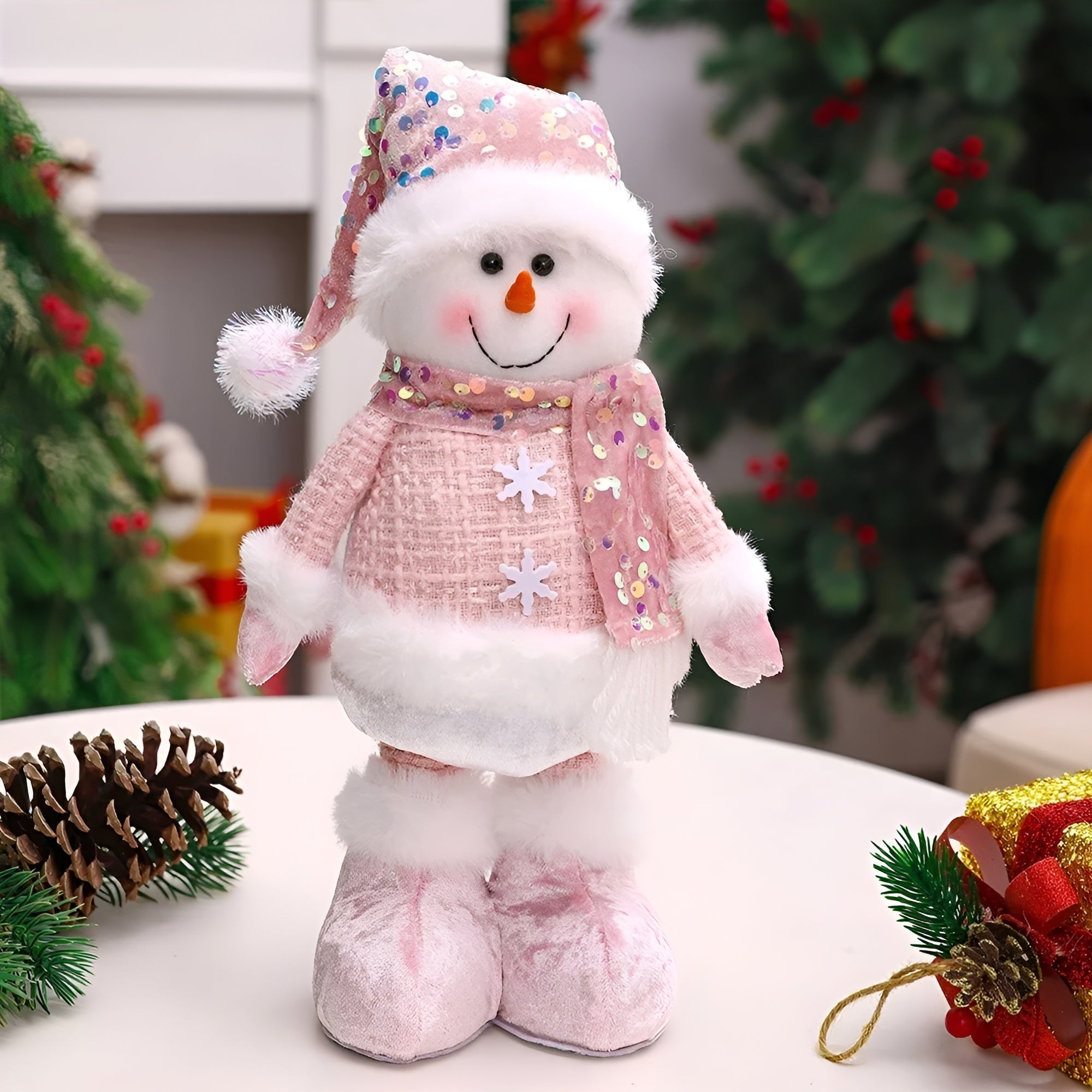 Justerbar Julenissefigur – Glitrende Rosa Dekor | Perfekt til Vindu og Hjem