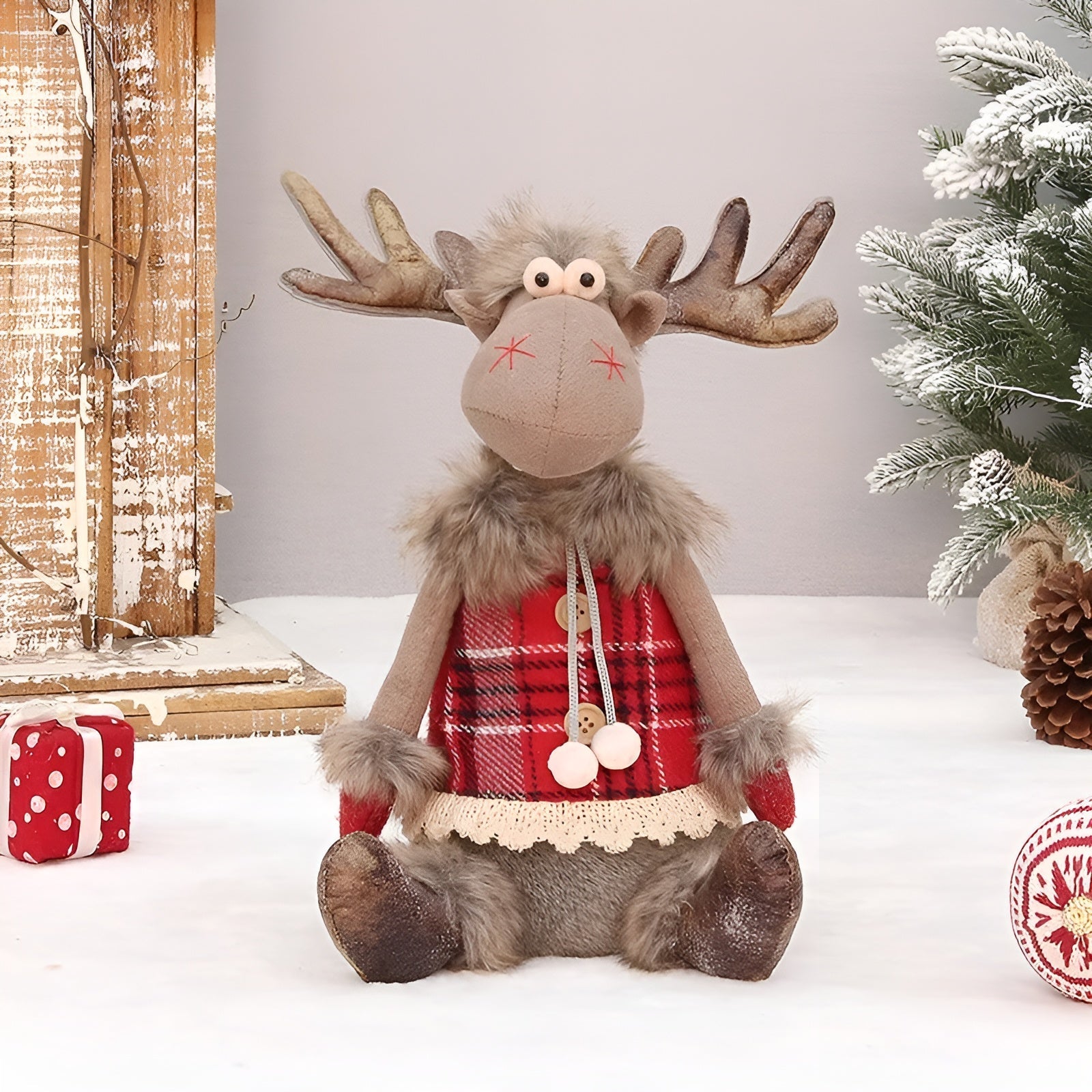 Juleelg Dekorfigur – Søt og Koselig Stoffreinsdyr | Justerbar til å Sitte eller Stå